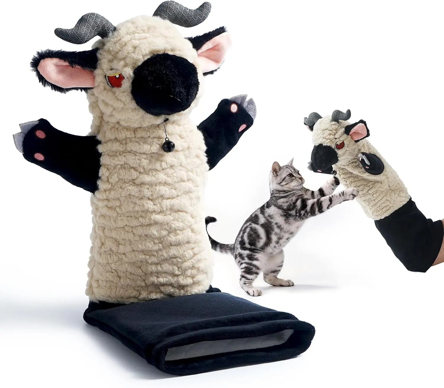 PURETOY Rumble Roo Cat Wrestling Toy, 22-Inch Goat Puppet with 5 Catnip Pouches & Treat Pocket, Reinforced Protective Glove for Kicking & Kicks, Bonding Toy for Cats of All Ages