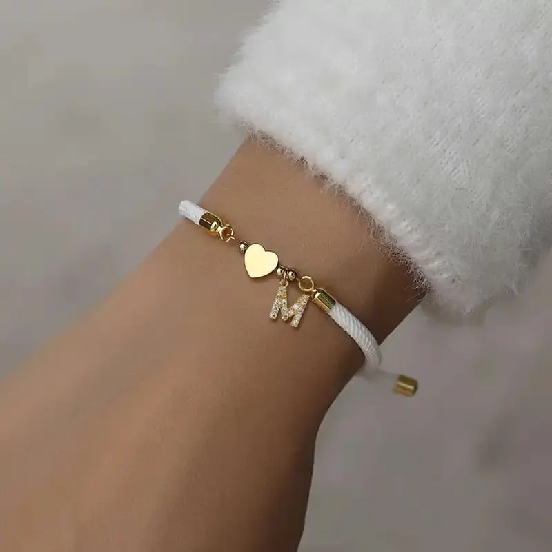 CZ Initial Charm Bracelets - Adjustable Braided Rope Jewelry with Heart Charm, A-Z Letter Bracelets