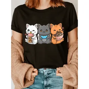 Stylish Anime Cat Letter Print Short Sleeve Crew Neck T-Shirt for Women Perfect for Summer and Spring Casual Wear