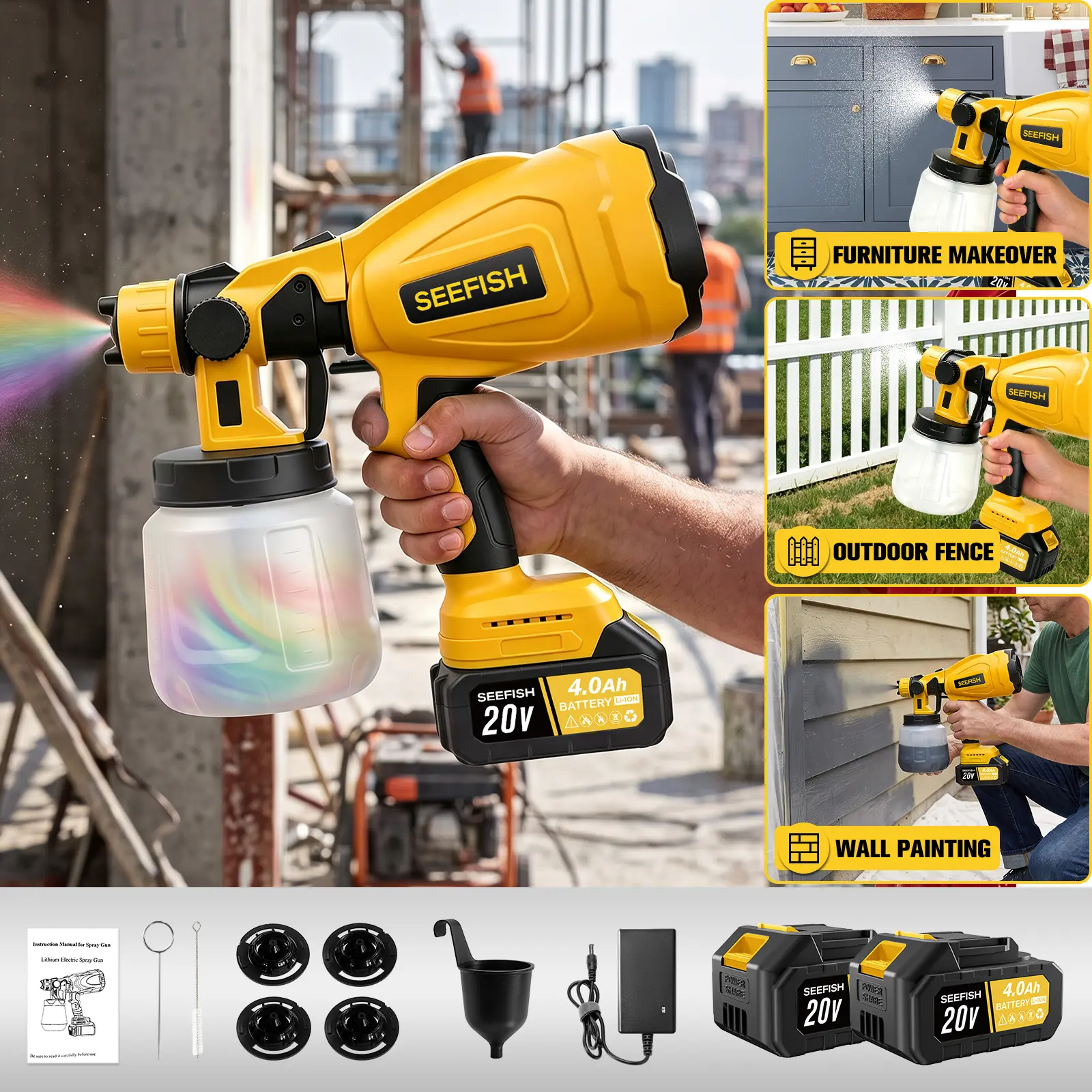 Spray gun, equipped with a 1100ml large capacity spray can and cleaning accessories, adjustable flow rate, comes with 4 nozzles and 3 spray modes. Easy to clean, suitable for painting furniture, fences, walls, doors and windows
