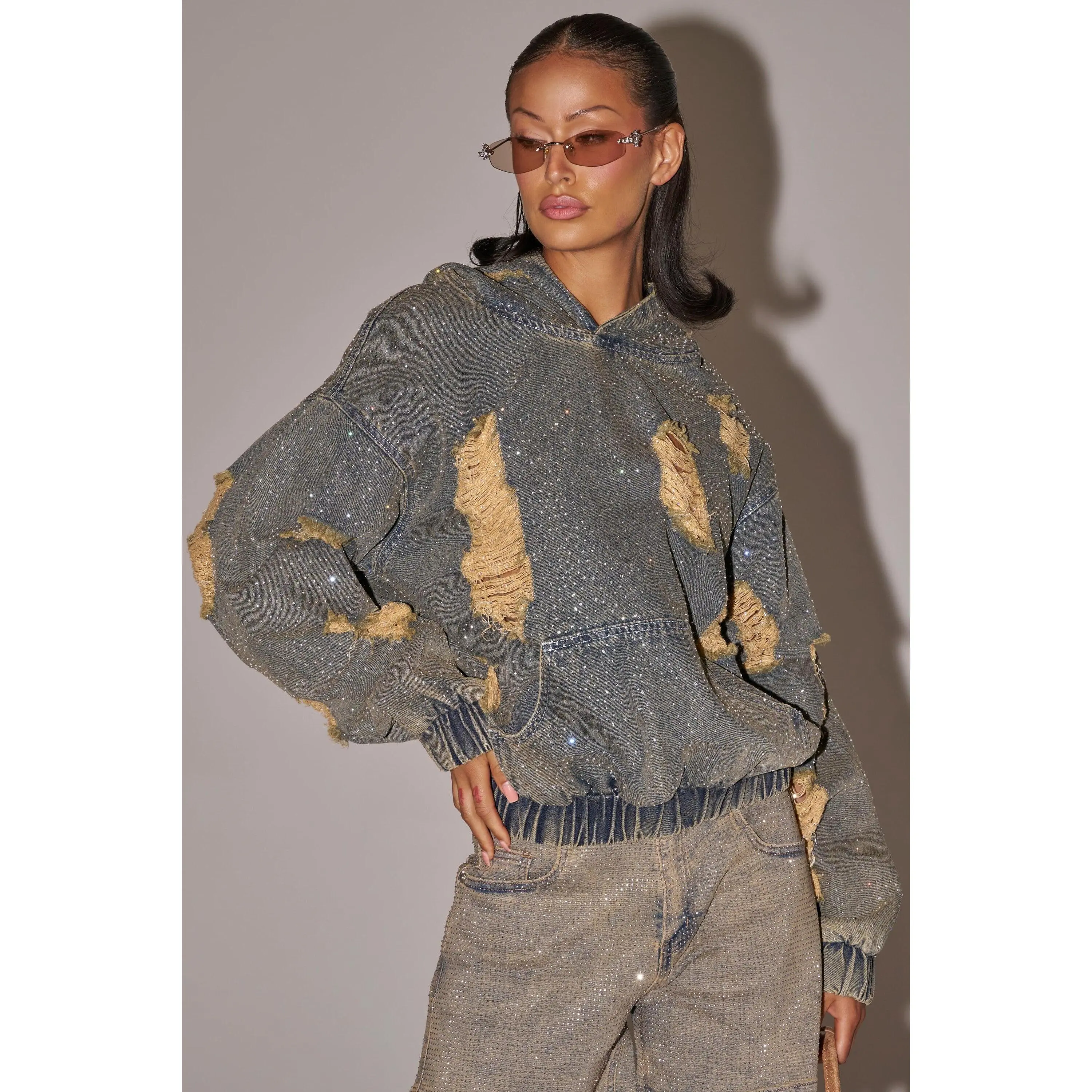 DEMI RHINESTONE DENIM HOODIE DEMI RHINESTONE DENIM HOODIE