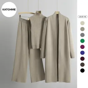 KatchMe Women's Three-Piece Set Solid Turtle Neck Tank Top & Wide Leg Trousers & Open Front Long Cardigan Set, Women Clothes for Fall & Winter