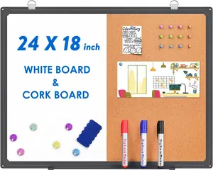 White Board and Cork Board Combo, 24 X 18 inches Whiteboard Bulletin Combination Board, Wall Mounted Dry Erase Message Board for , School and Office, Black