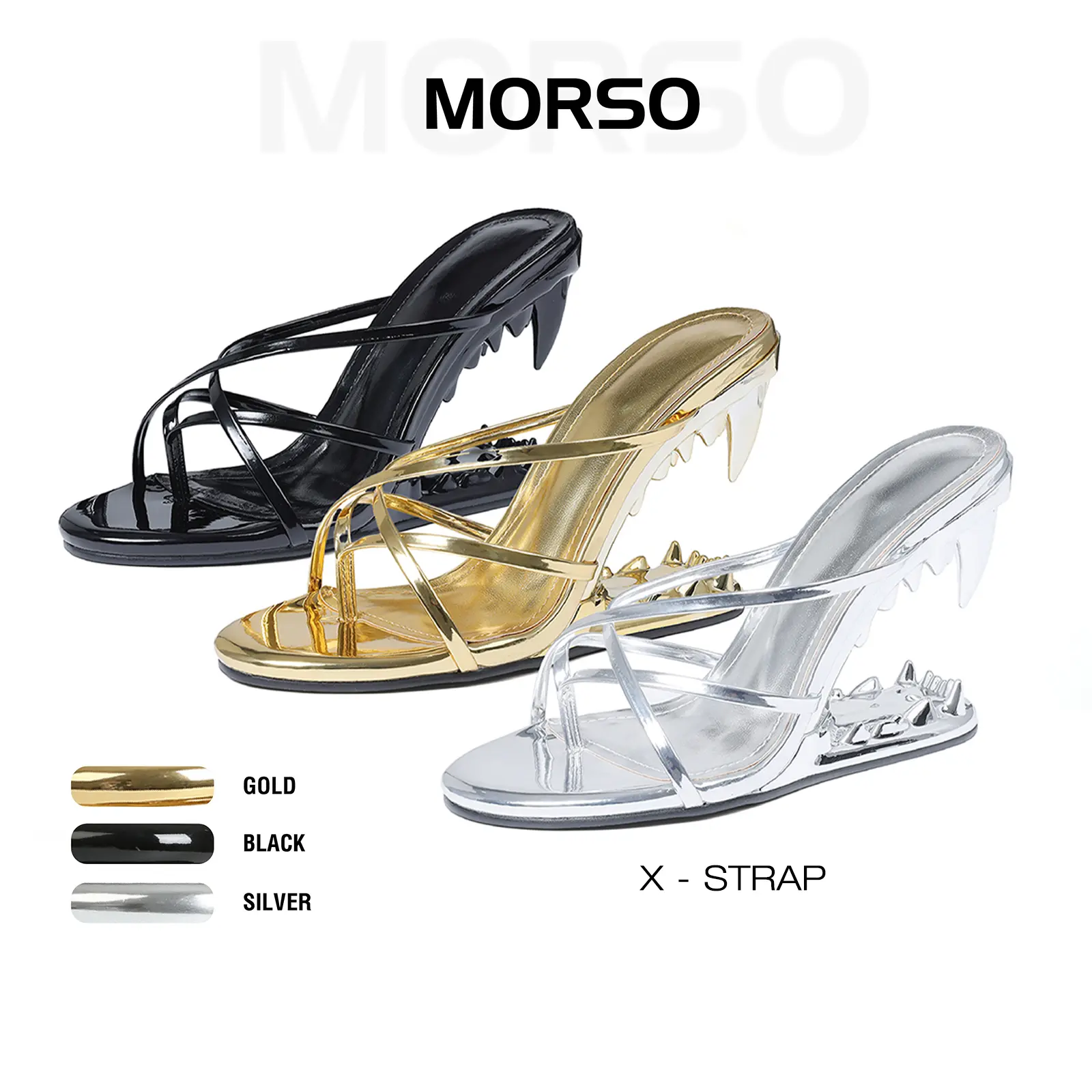 CYNLLIO Morso Sandals For Women Metallic Tiger Teeth Heels Sandals Shark Teeth Heel Open Round Toe Hollow Gothic Cross Strap Summer Graduation Heels Shoe