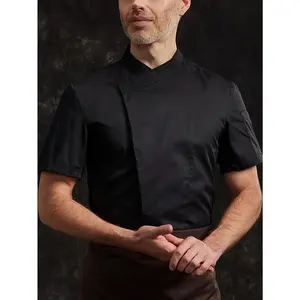 Men's Solid Short Sleeve Chef Shirt With Stand Collar And Button Closure Placket, Professional And Breathable Uniform Shirt For Cook Wear(Sheets)