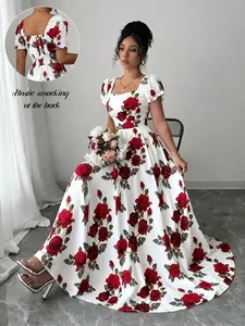 Elegant Feminine Summer New Arrival Vintage Rose Print Square Neck Waist Cinch Bubble Sleeve A-Line Long Formal Dress for Women
