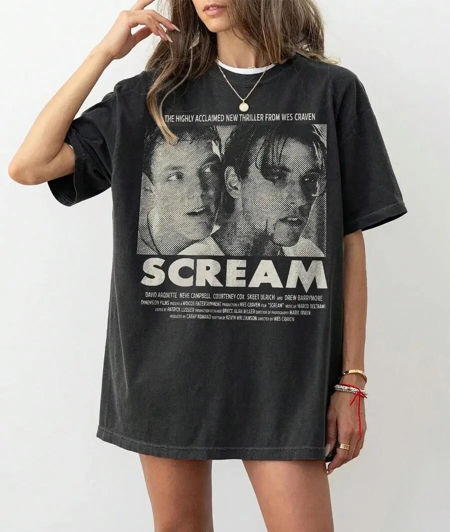 Women's Vintage 1996 Scream Movie Graphic T-Shirt - Billy Loomis & Stu Macher Print, Seamless Comfortable Aesthetic Apparel, Crew Neck Short Sleeve Cotton Tee for Day & Halloween Spooky Horror Casual Wear