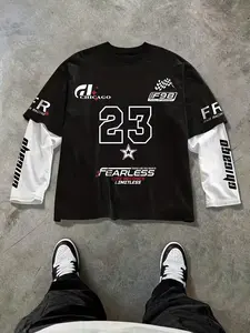 Men's Chicago 23 Racing Style Long Sleeve Shirt, and Block Design, Fearless Statement + Graphic Racing Flag Print, Casual Loose Fit, Fitted for Streetwear & Racing Events, Menswear