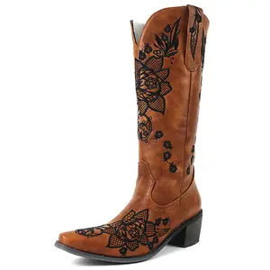 Womens Block Heels Western Shoes Knee High Embroidery Floral Cowboy Riding Boots