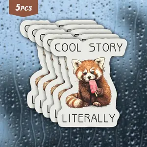 5Pcs Sarcastic Red Panda "Cool Story Literally" Waterproof Vinyl Sticker, Self-Adhesive Single-Use Decal, Suitable For Water Bottles, Laptops, Cars, Tablets And More, Ideal For Red Panda, Sarcastic Humor And Casual Vibe Enthusiasts.