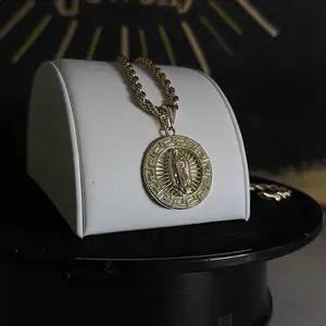 Gold Plated Our Lady of Guadalupe Mid-Size Pendant Necklace - 24-In 4mm Rope Chain, Heart-Shaped Element, Luxury Packaging - Mexican Heritage Symbols, Virgin of Guadalupe Engraving Chain Heart Element Necklace for Valentine Gifting, Daily Wear, Chain Hear