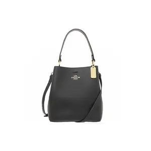 Coach Town 21 Classic Solid-Color Snap-Closure Leather Bucket Bag for Women, Small Size, Black