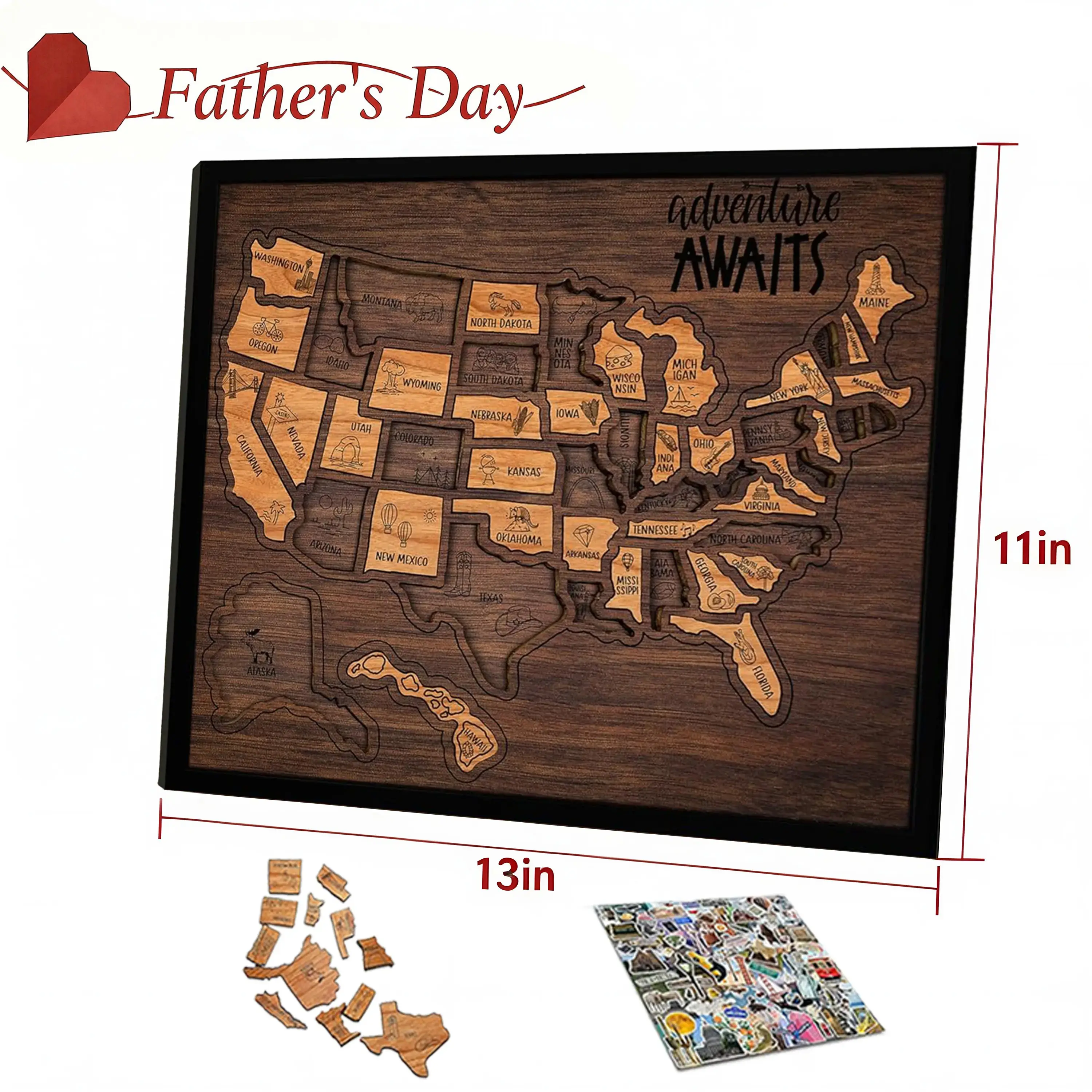 [DealsForYouDays]Map puzzle, family decor,wooden U.S. travel map puzzle, anniversary gift, children's geography puzzle, or perfect holiday gift for couples and families, record your journey, memory making, home decor, unique traveler gift,