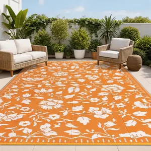 Outdoor Rug, Floral Waterproof Camping Rugs for Outside Your RV, Vintage Plastic Straw Rug with Portable Bag, Reversible UV Resistant Mats for Camper Beach Picnic Balcony Porch, Orange