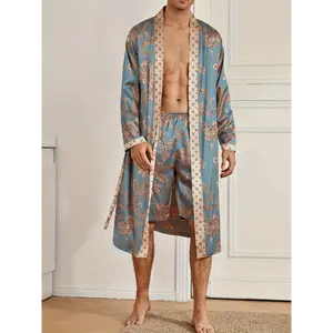 Men's Sleep Robe - Elegant And Light Luxury Pajamas Set, Stylish Gorgeous Floral Print, V-neck Long Sleeve Sleep Robe And Shorts, Sleep Wear Robe Set For Home Wear - For Men - Perfect for Lounging & Relaxing - Ideal Gift for Him