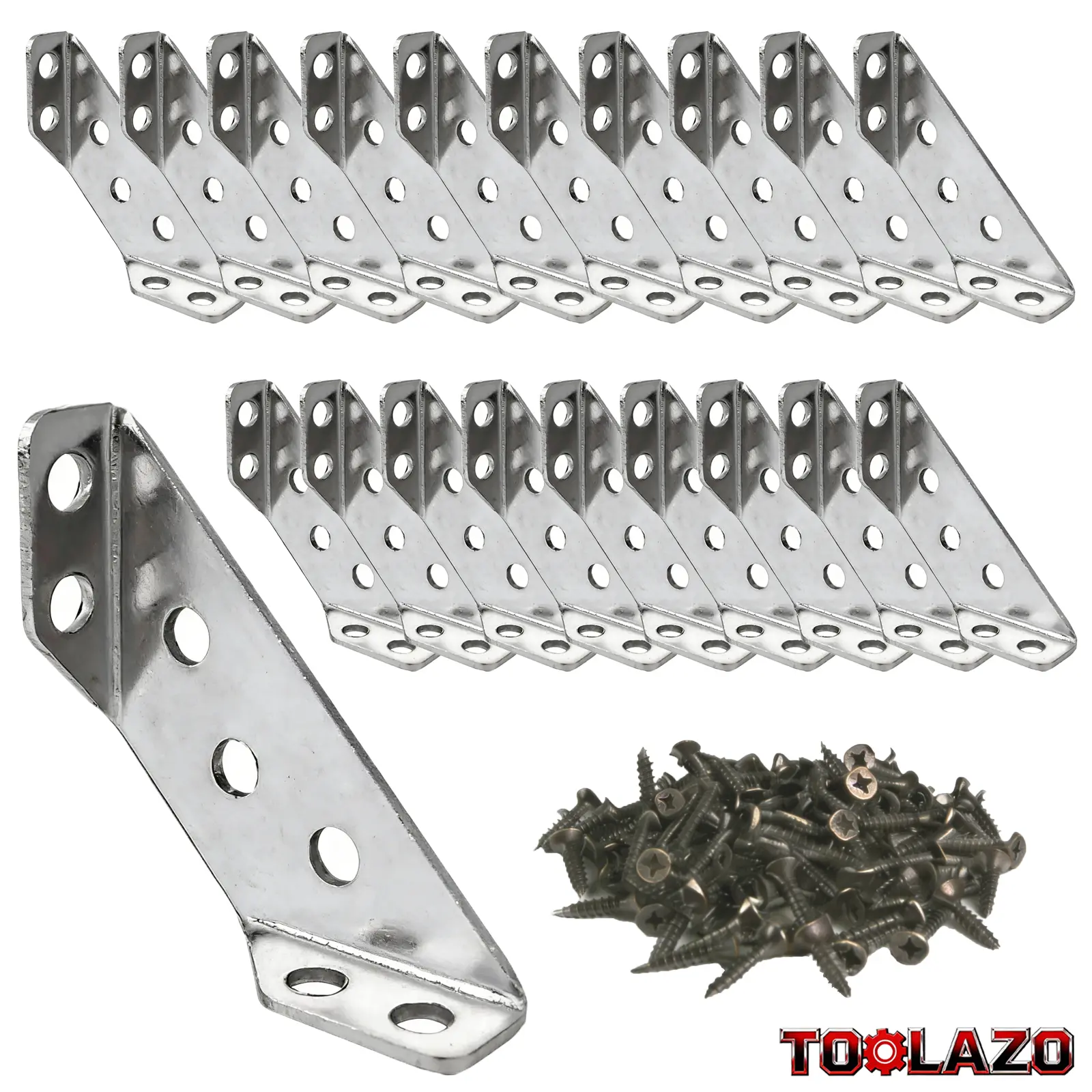 20 Stainless Steel Corner Braces with 140 Screws – Heavy-Duty 90° L-Brackets for Reinforcing Wobbly Cabinets, Tables, Chairs, Drawers, Bed Frames, Shelving Units, and DIY Woodworking – Rust-Proof Mounting Kit