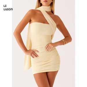 Women Summer Tube Strapless Mini Dress with Scarf Short Dresses Bodycon Backless Beach Formal Sundress Sexy Breathable Elegance Halter Womenswear