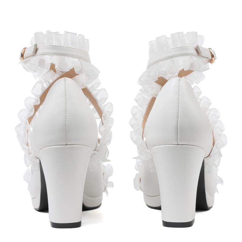 Womens Platform Mary Jane Pumps Round Toe Chunky Block Heels Ruffle Lace Cross Adjustable Ankle Buckle Strap Pearl Bow Knot Gifts for Women Party Cosplay Cute Valentine Lolita Shoes