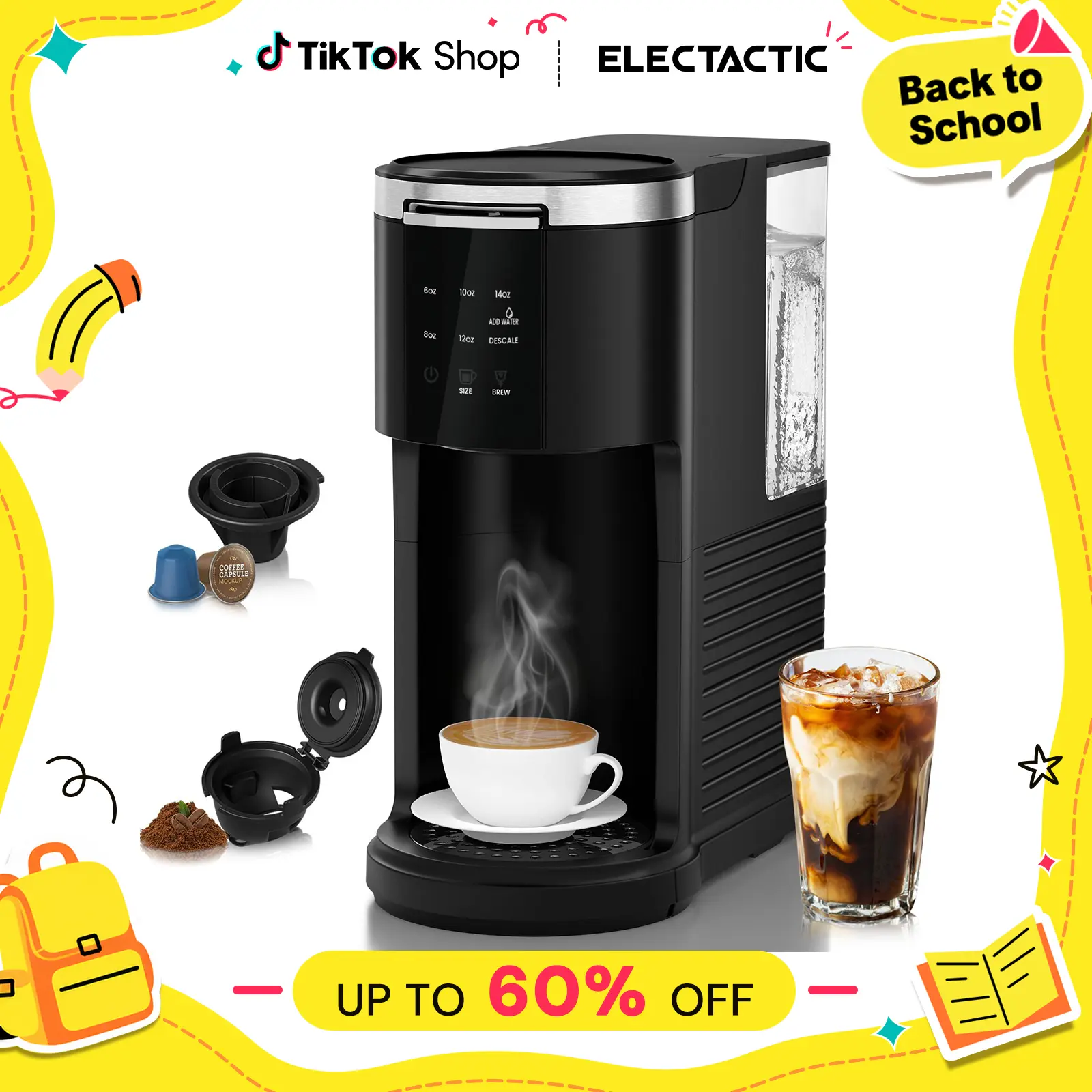 Electactic Coffee Machine K-Cup Pods & Ground Coffee Maker, Latte and Cappuccino Maker, 5 Brew Sizes Up To 14 Oz, with 40oz Removable Water Tank, Self-cleaning Function, Black,home essentials