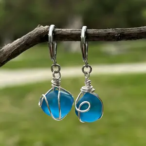Sky Blue Sea Glass Earrings for Women Seaglass Jewelry Gifts for Mom Grandma Girlfriend Lover Daughter Friend Anniversary Birthday Graduation Christmas Halloween Valentine's Day Mother's Day