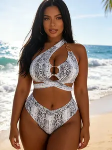 Women's European Style Plus Size New Snake Print Sexy Self Tie Bikini Set, Perfect for Beach, Pool, and Sea, Trendy Swimwear for Summer, Swimsuit Summer
