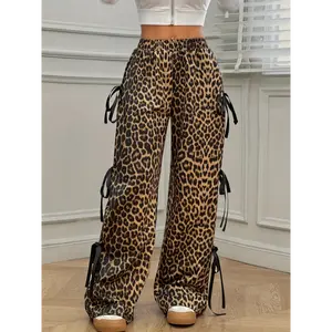 Fashion Women's High-Waisted Pants Leopard Print Wide-Leg Casual with Side Bow Detail, Oversized Multicolor Trouser, Machine Washable