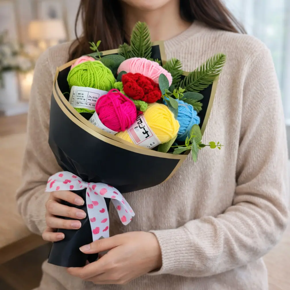 Yarn Bouquet Gift Set, Anniversary Present with Packaging, Knit Doll Flowers Scarf, DIY Christmas Thanksgiving Decorations