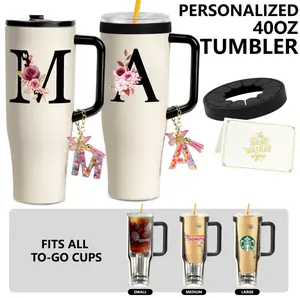 ZIONSINM 40oz Personalized Initial Tumbler with Silicone Ring, Fits To-Go Cups, 12H Ice Cold Aesthetic Travel Mug with Custom Keychain Gift Box Set,Leak-Proof