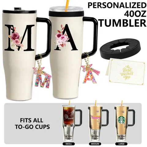 ZIOSINM 40oz Personalized Initial Vacuum Sealed Stainless Steel Tumbler with Silicone Ring, Fits Most Car Cup Holders, 12H Ice Cold, Leak-Proof, Custom Keychain Gift Box Set for Travel, Pool Party, Office