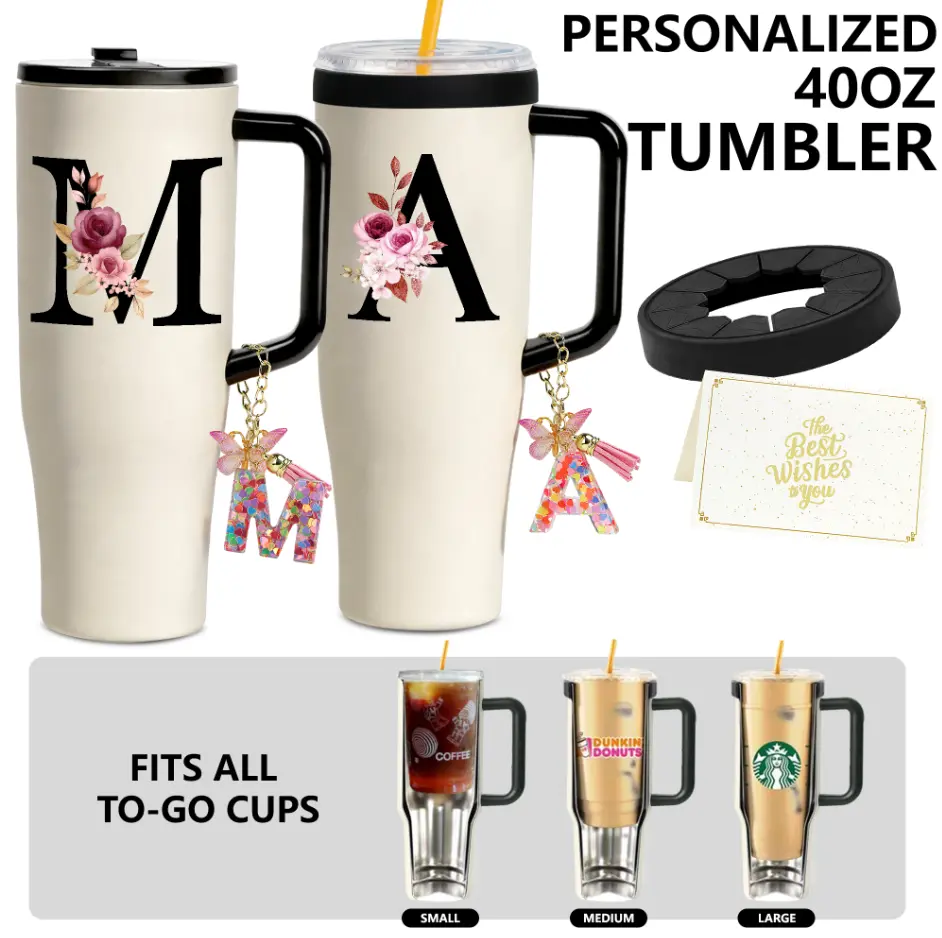 ZIONSINM 40oz Personalized Initial Tumbler with Silicone Ring, Fits To-Go Cups, 12H Ice Cold Aesthetic Travel Mug with Custom Keychain Gift Box Set,Leak-Proof
