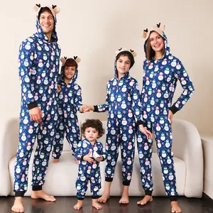 FOCUSNORM  Family Matching Christmas Jumpsuits Pajamas Snowman Print Zipper Hooded Rompers Long Sleeve Playsuits Winter Sleepwear