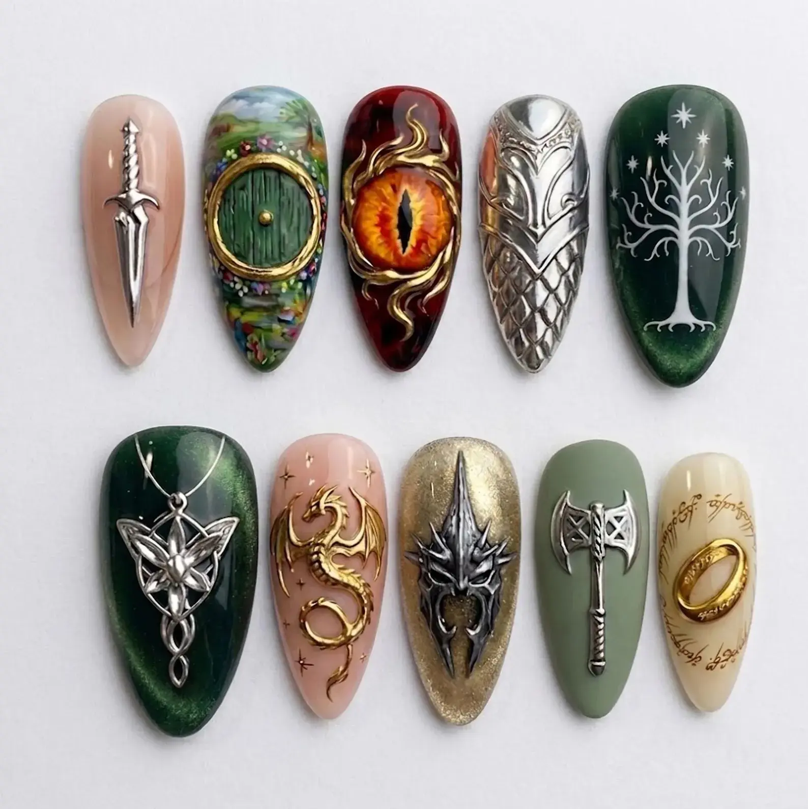 Handmade Fantasy Adventure Press On Nails | Dragon Eye, Magic Ring & Medieval Sword Art | Epic Custom Nail