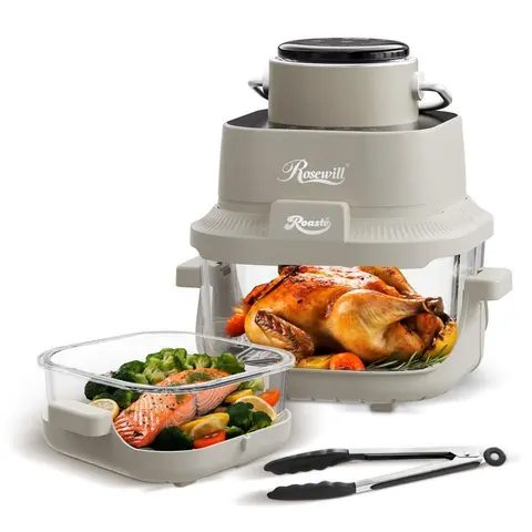 Rosewill 8-in-1 Portable Glass Air Fryer, 5.5QT & 1.6QT Dual Transparent Glass Cooking Pot with Storage Lid & Tongs, Compact Smart for Air Fry, Deep Roast, Recrisp, Bake and more - Saturn Gray