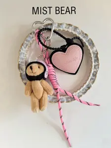 Cute Plush Bear Helmet Keychain, Cartoon Riding Design, Heart-Shaped Book Bag Charm, Perfect for Daily Use, Girls' Accessories