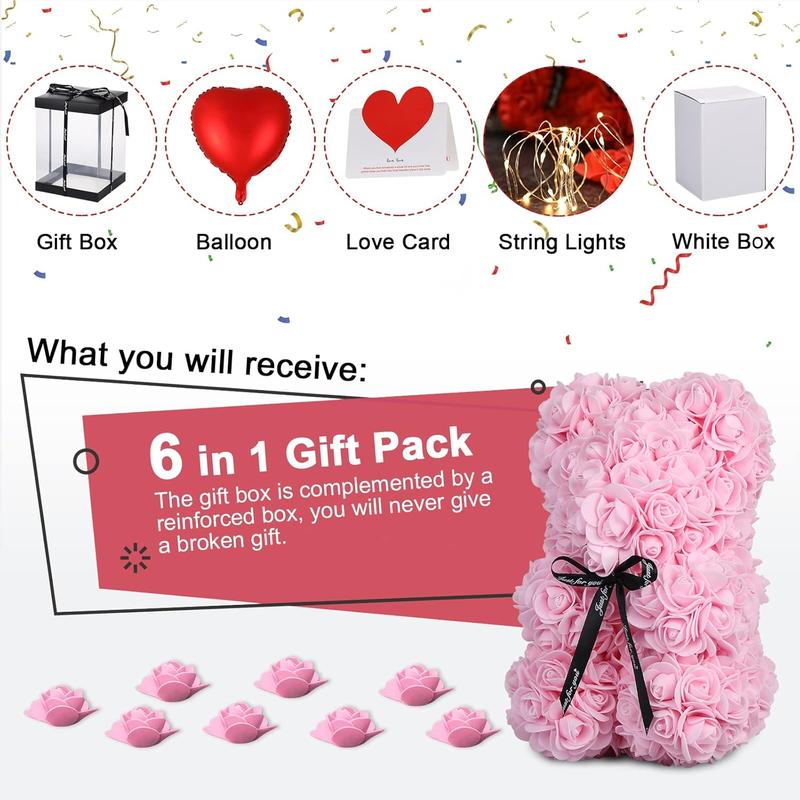 Rose Bear Christmas Flower Gifts for Her, Rose Teddy Bear with Lights, Cute Teddy Flower Bear, Birthday Gifts for Girl, Cute Romantic Gifts for Wife Girlfriend with Transparent Gift Box and Love Card