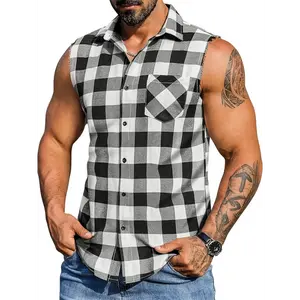 Men's Stylish Summer Plaid Sleeveless Shirt With Flannel Collar - Casual Streetwear, Perfect For Beach Vacations & Casual Attire, Machine Washable, Red & Black Checkered Design