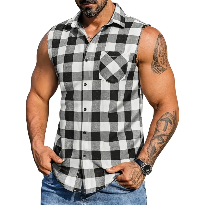 Men's Stylish Summer Plaid Sleeveless Shirt With Flannel Collar - Casual Streetwear, Perfect For Beach Vacations & Casual Attire, Machine Washable, Red & Black Checkered Design