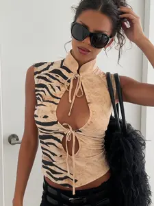 Women's Sexy Leopard Print Hollow Out Knot Tight-Fitting Short Top, Summer Party Style Casual Knit Shirt Without Zipper, Cropped Tank Tops, Womenswear