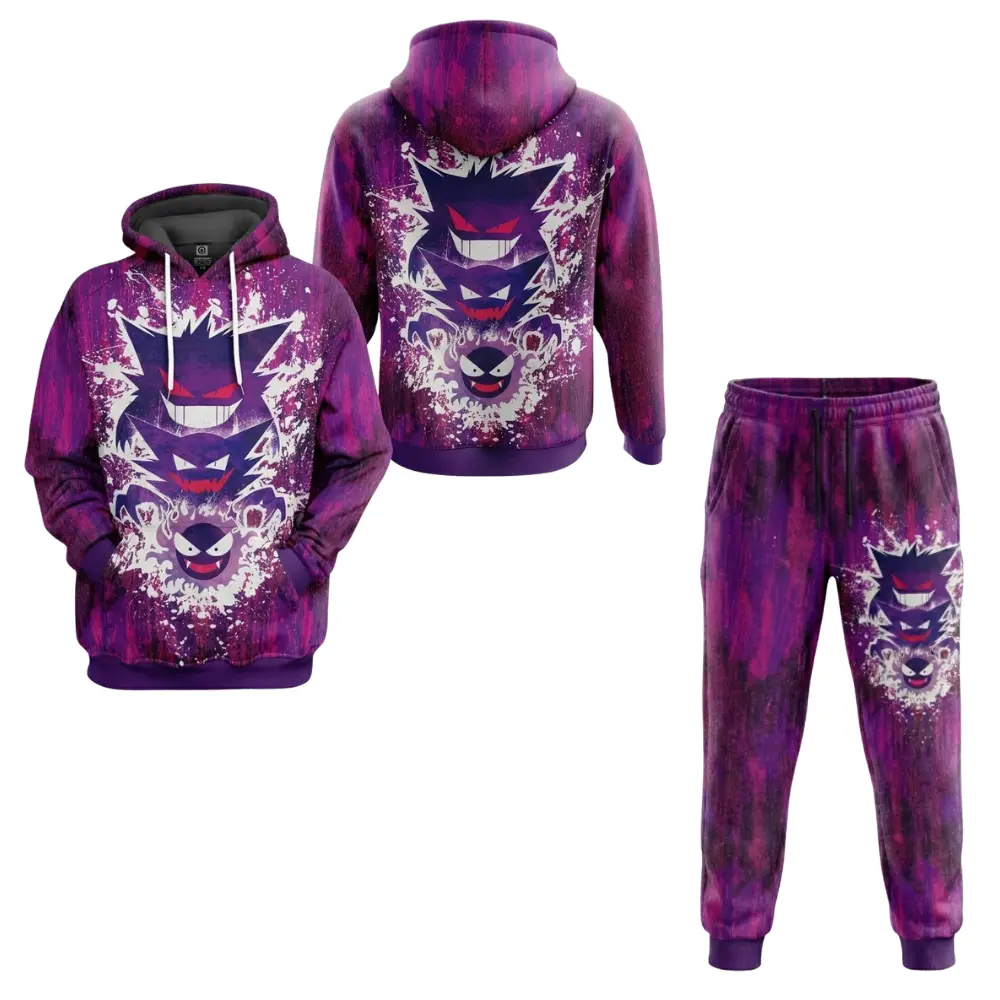 Shadow Ghost Hoodie and Sweatpants Set, Pkm Pocket Monsters Purple Grunge Ghost Trio Anime Design, Gift for Anime Lovers