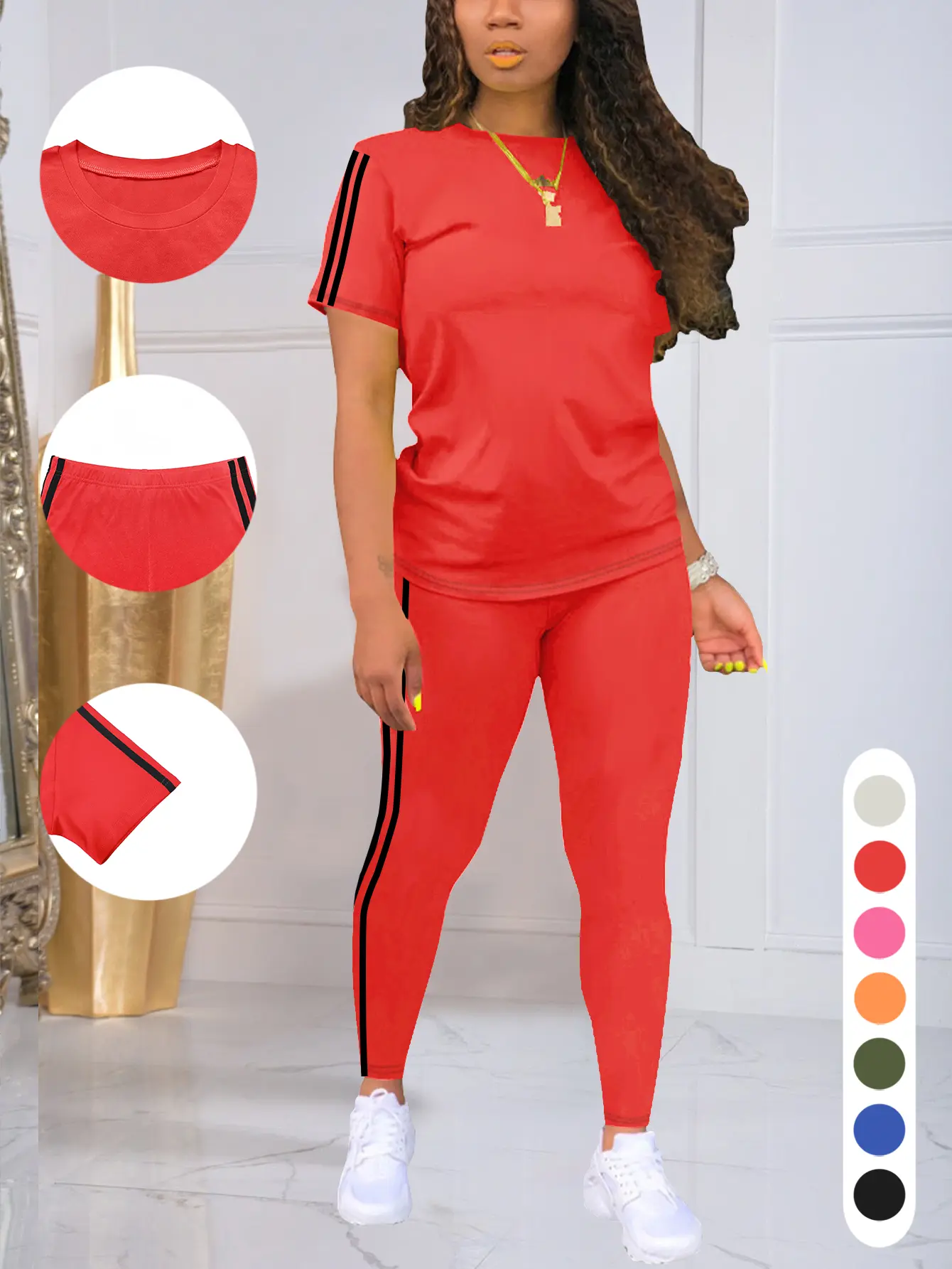 Women's Two-piece Casual Sportswear Set, Featuring A Striped-edge Short-sleeved Round-neck Pullover And A Slim-fitting Striped-edge Pants, Making It A Complete Sportswear Set, 2 Piece Sets, Sets For Women 2 Piece, Casual Fashion Set