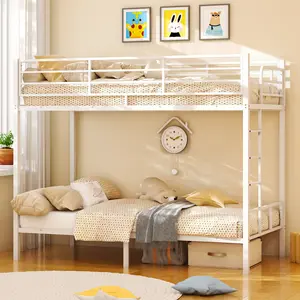 Bunk Bed Twin Over Twin for Kids/Teens/Adults Heavy Duty 2 Decker Bed with Flat Ladder and 15 inches High Guardrail, Metal Space Saver Bed with Stairs