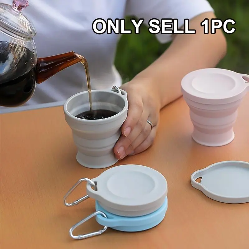 Portable Silicone Folding Cup 180ML, Retractable Water Cup with Lid & Hook, Portable Travel Mug, Drop-Proof Eco-Friendly, Ideal for Camping Hiking Outdoor Travel, Camping Supplies, Portable Kitchenware Drinkware