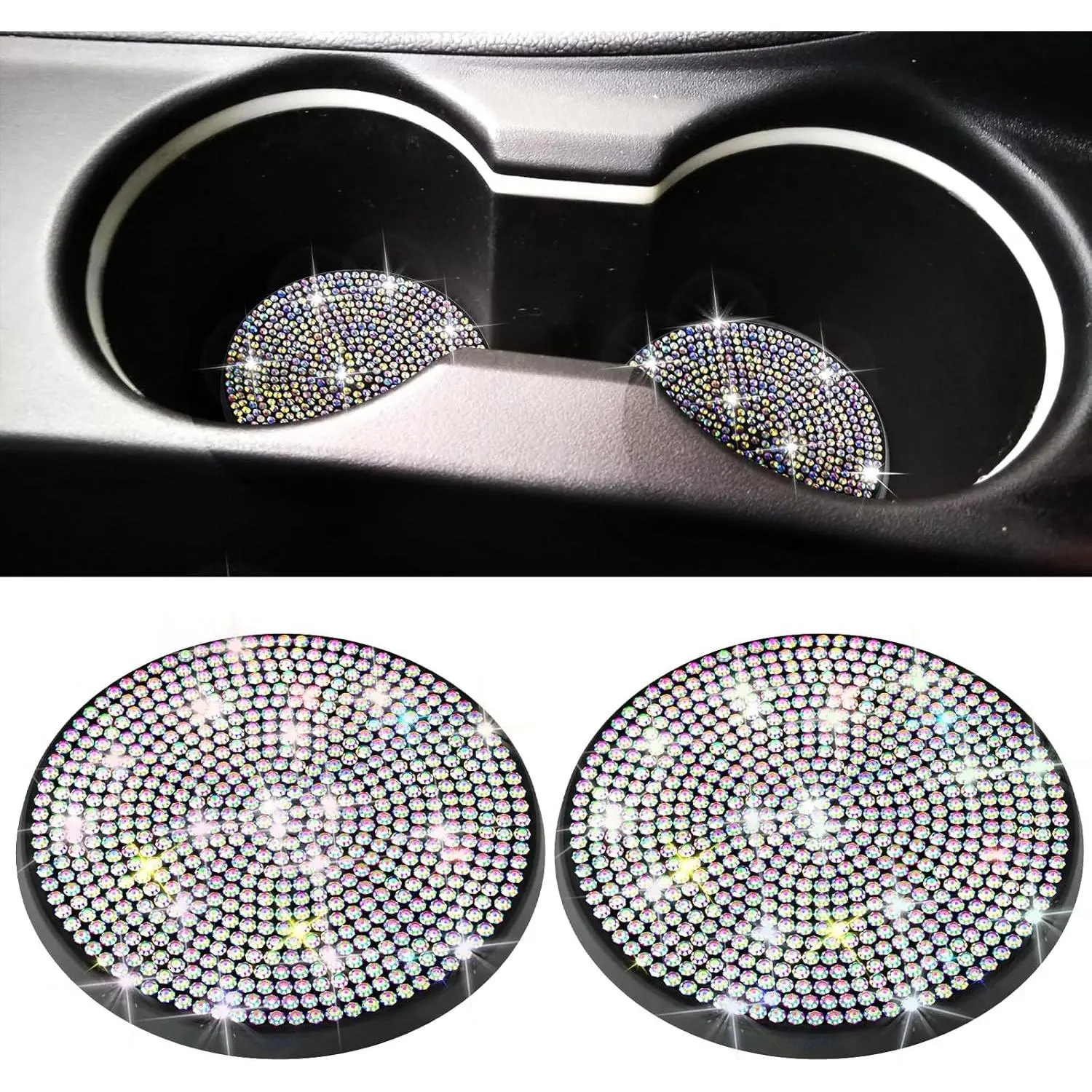 Women's 2-Count Soft Synthetic Rhinestone Car Cup Holder Coasters Inserts, 2.75in Non-Slip Bling Set Auto Interior Anti-Slip Mats, Girly Car Accessories