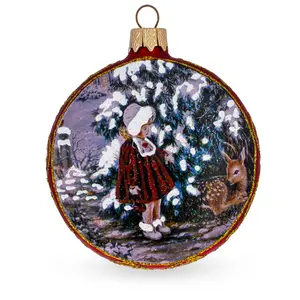 Vintage Style Girl and the Deer Decoupage Mini Glass Christmas Ornament