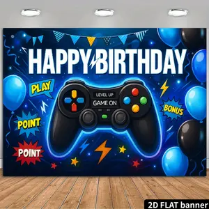 2d flat video game-style BIRTHDAY party background cloth, with classic game controller patterns displayed in the center, accompanied by the words "HAPPY BIRTHDAY" and incentive slogans such as "GO, Party Decorations Banners