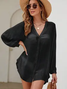 Women's Solid Button Front Bishop Sleeve Kimono - Lightweight Summer Beachwear