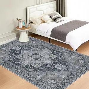 Crystal Velvet Vintage Pattern Rug, Waterproof, Easy Clean, Soft Area Rug, Soft Comfortable Mat for Door, Kitchen, Living Room, Bedroom, Hallway, Laundry Room, Washable Soft Rug
