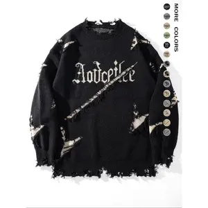 Men's Letter Pattern Ripped Sweater, Casual  Loose Long Sleeve Round Neck Jumper for Fall & Winter, Fashion Men's Knitwear for Daily Wear