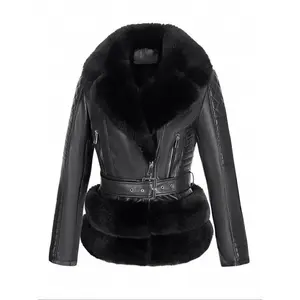 Women's Fall Winter Faux Leather Jacket, Vintage Style Warm Daily Wear, Large Fur Collar, Adjustable Waist Belt, Motorcycle Coat