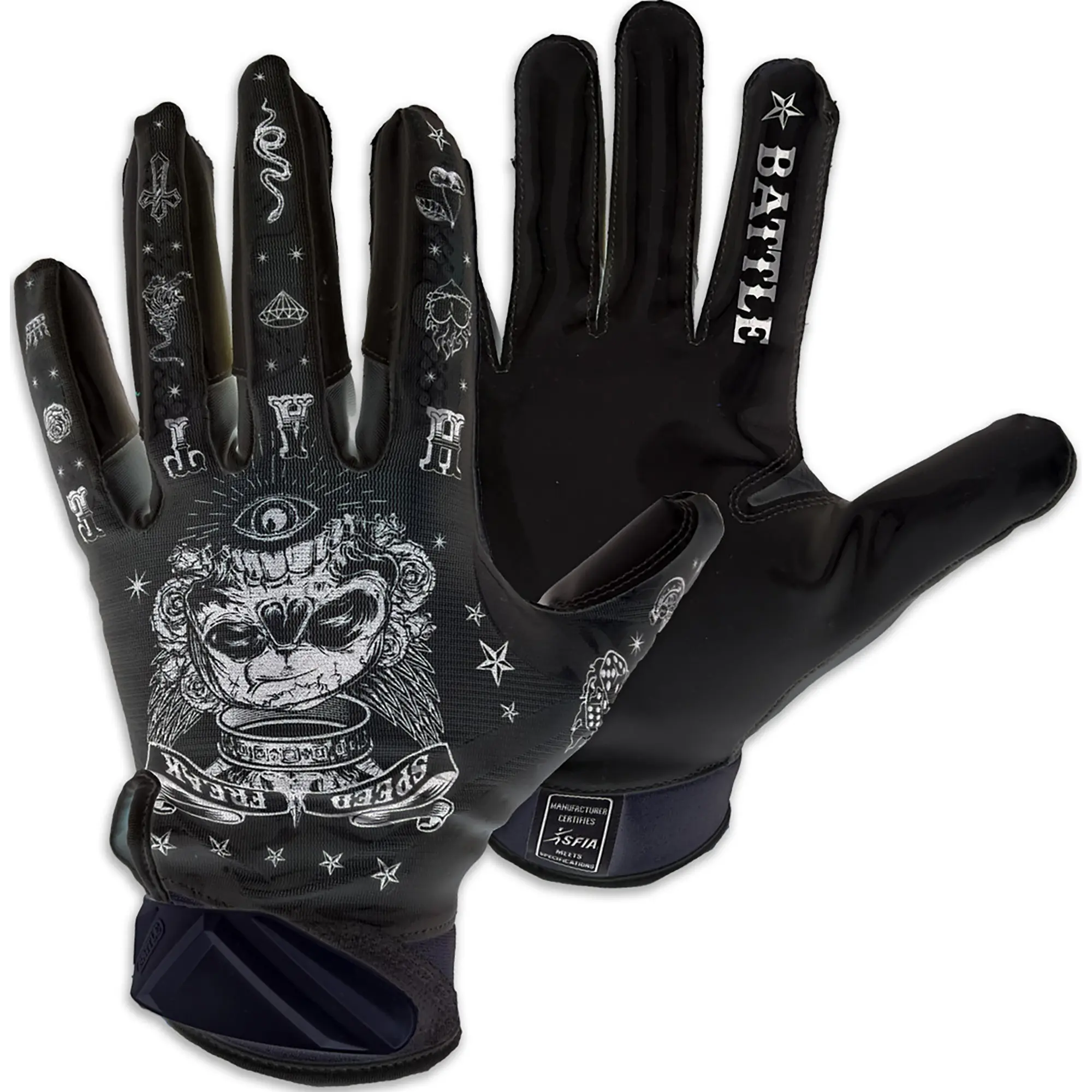 Battle Sports Speed Freak Cloaked Limited Edition Adult American Football Receiver Gloves - Black, Breathable, Reinforced Stitching, Secure Fit, Full Hand, Secure Strap